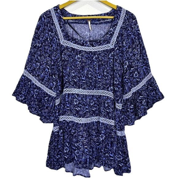Free People Talk About It Floral Tunic Top Size XS Blue Boho Cottage Core Hippie - Picture 3 of 10